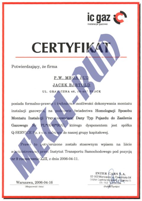 Certyfikat firmy Mega-Bud